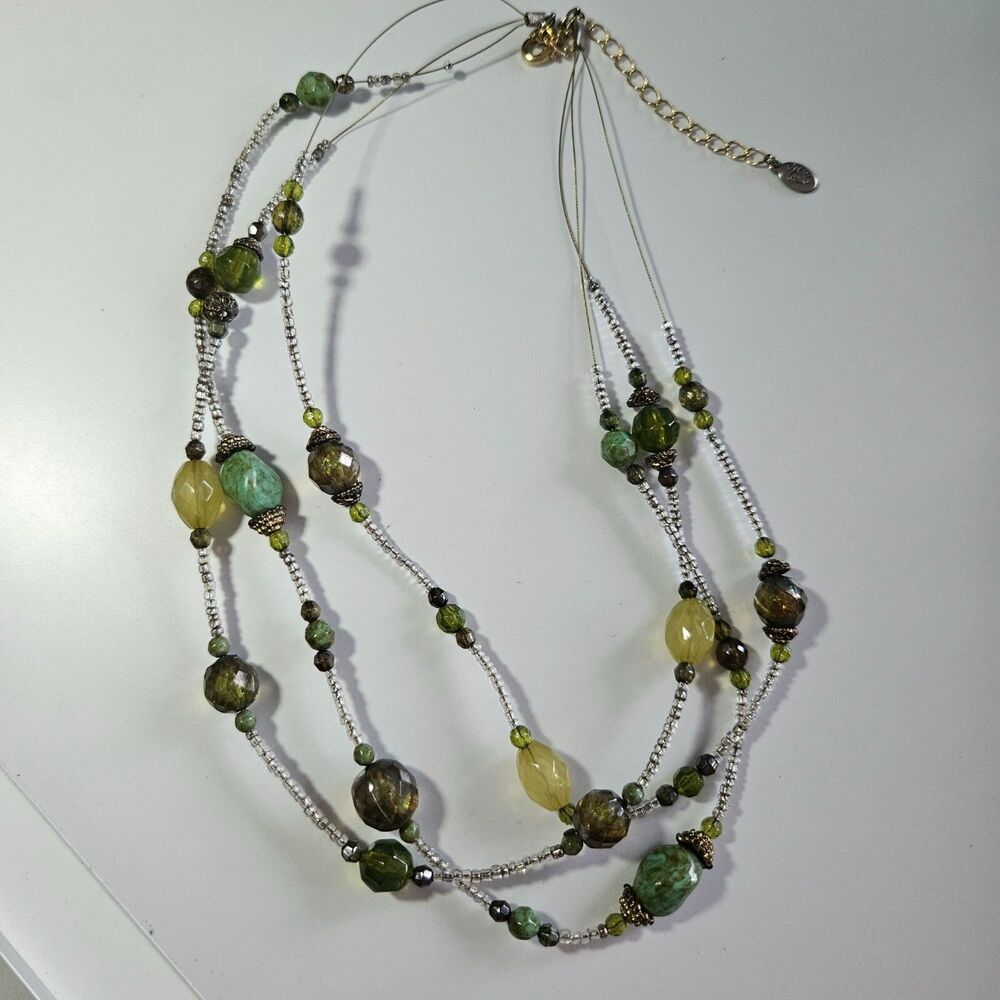 Cookie Lee Three Layered Green Beaded Necklace 18-20.5"